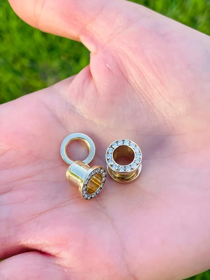 Ear Gauges 14k Solid Gold Ear Plugs Double Flare Screw Fit Flesh Tunnels Diamond - Image 4 of 4