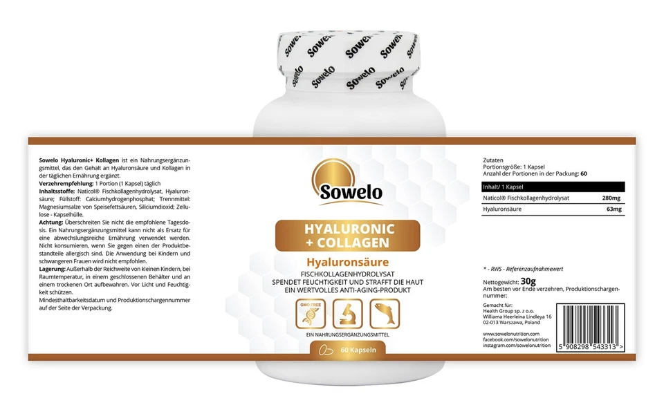 Hyaluronsäure + Kollagen Kapseln – Anti Aging & Hautpflege – Sowelo - Bild 2 von 4