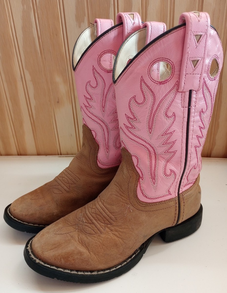 OLD WEST Brown Pink Leather Round Toe Cowboy Boots Youth Size