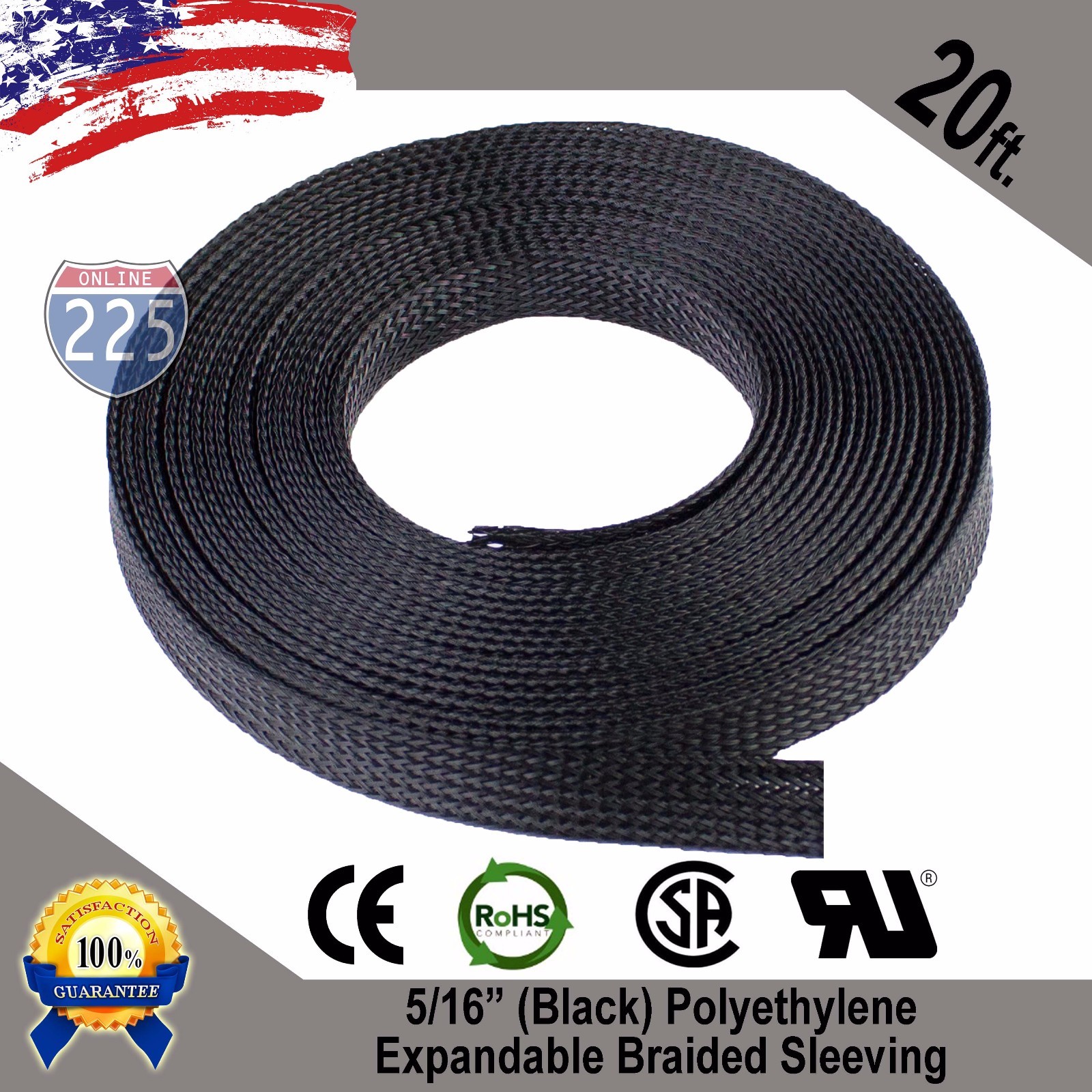 20ft Black Expandable Braided Cable Sleeving 5/16