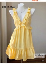 SHEIN EZwear Summer Butter Yellow V-Neck Ruffle Trim Casual Mini Dress