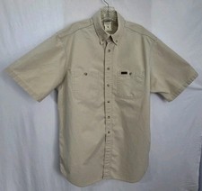 Vntg Carhartt Mens L Button Up Shirt Short Sleeve Tan Workwear Chore Outdoor