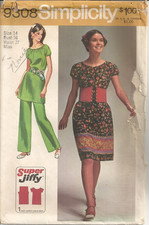 SIMPLICITY 9308 MISSES' SIZE 14 DRESS or TUNIC, PANTS SEWING PATTERN 1971