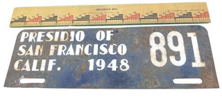1948 PRESIDIO SAN FRANCISCO CALIFORNIA MILITARY LICENSE PLATE TOPPER