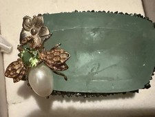 Huge 190 ct Aquamarine, peridot, pearl diamond 14k gold & SS Bee fly brooch pin