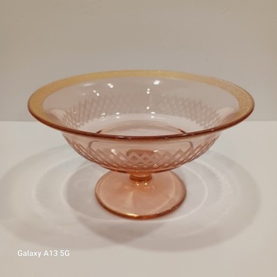 Tiffin - Bowl Pink Salmon Color Gold Encrusted Diamond Etched Compote Footed 8.5
