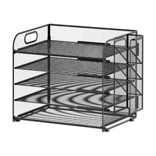 5-Tier Black Mesh Paper File Organizer Tray with Handle and Removable Pen Holder