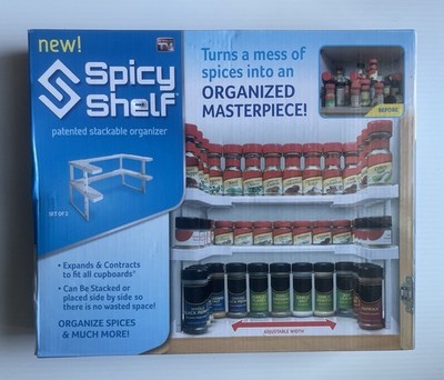 Spicy Shelf patented stackable organizer, an expandable two-tier shelf