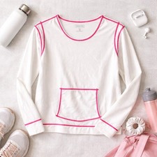 Athleta Womens Long Sleeve Rash Guard White Pink Contrast Stitch Pocket L