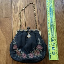 Old Petit Point Roses Blue Rhinestone Evening Bag Purse