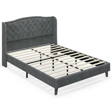 Full Upholstered Platform Bed Frame W/ Button Tufted Headboard Wooden Slats