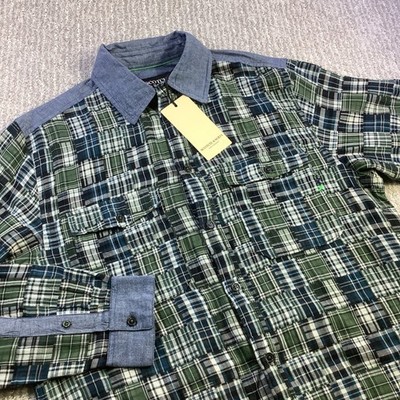 Scotch & Soda Relaxed Fit Patchwork Plaid Button Up Shirt Green Blue Size S NWT