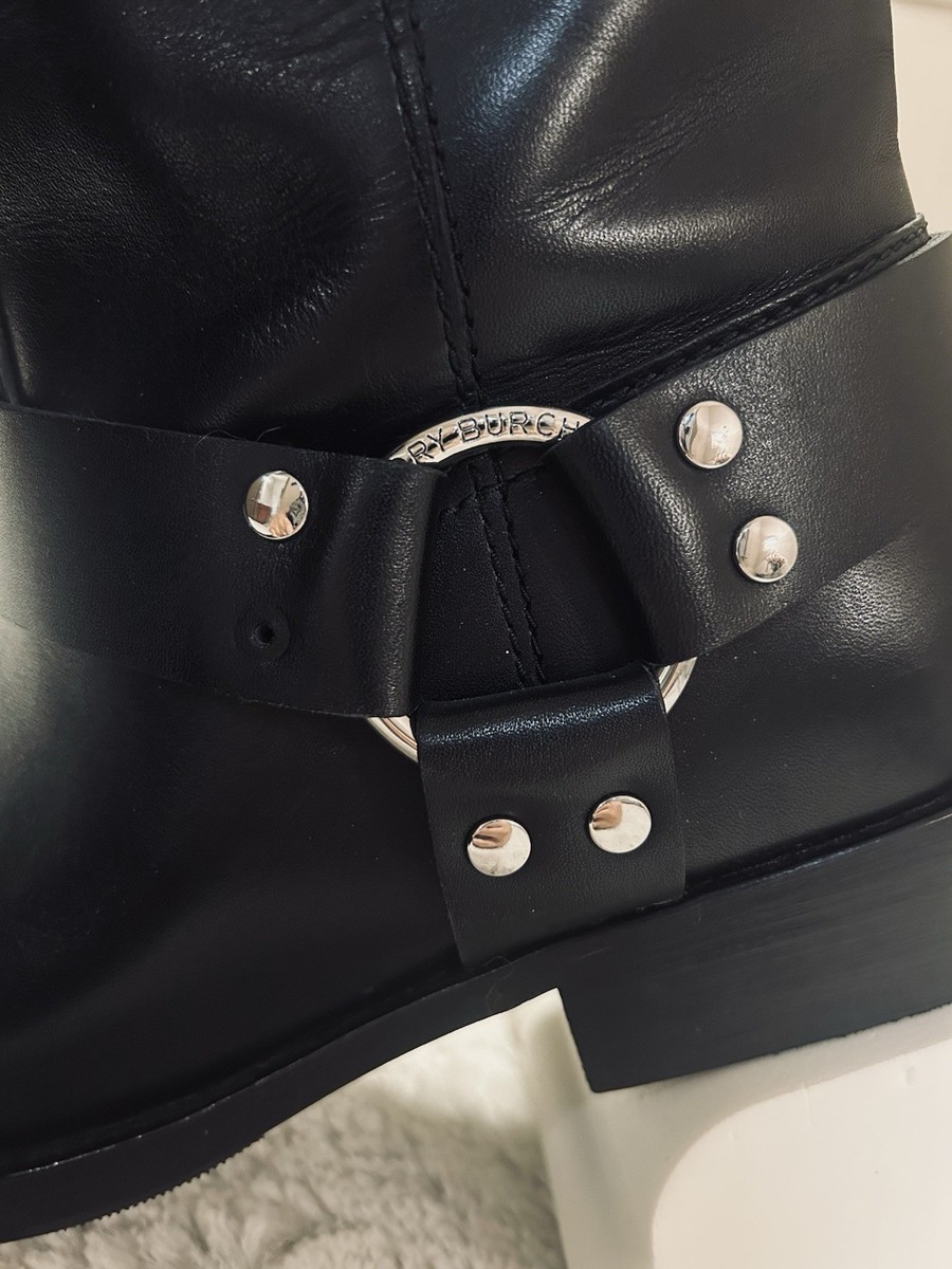 Tory Burch Black Leather Moto Harness Boots Size 9 Silver  display picture 1