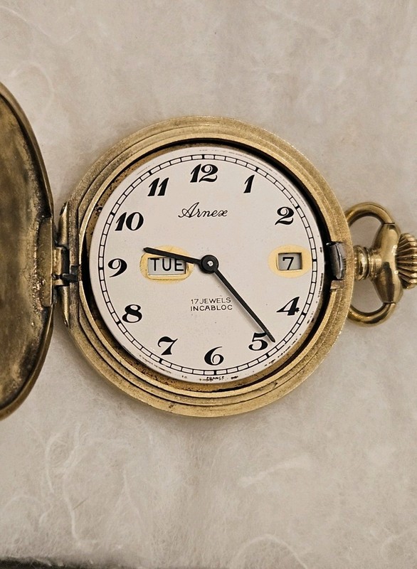 Vintage Arnex Pocket Watch 17 Jewel Incabloc Day Date France Works Great