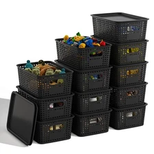 Black Plastic Storage Baskets with Lids 12 Pack Stackable Bins Containers for