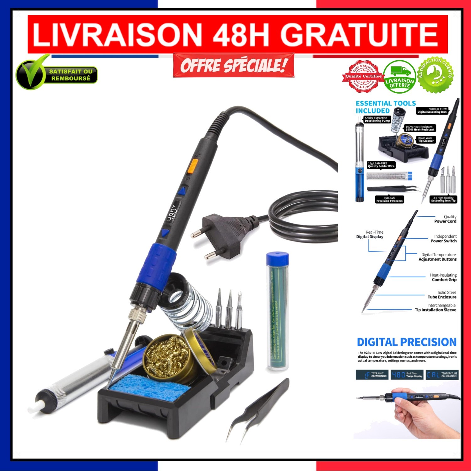 Fer à souder YIHUA 928D-III 65W avec accessoires pour éliminer les soudures défectueuses