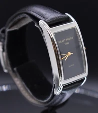 Vtg KRAFT FOODS 1996 Tank Watch Men Silver Tone Leather NEW BATTERY & BAND