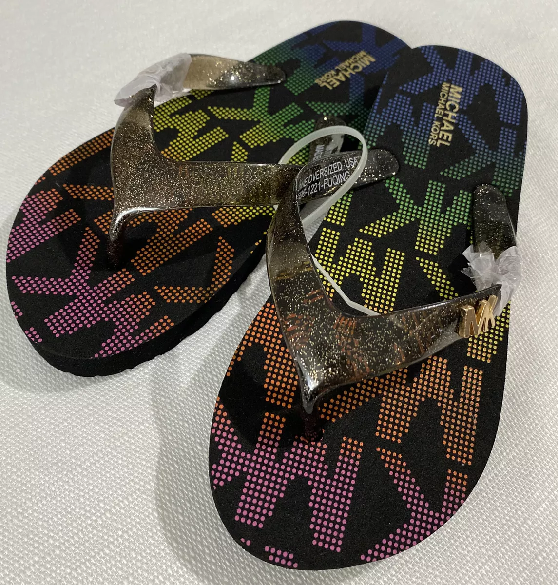 Michael Kors Girls Endine MK Logo Flip Flops Sandals Black Glitter Multicolor 2