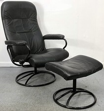 Vintage Mid Century Ekornes Stressless Black Leather Recliner Ottoman Black Base