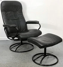 Vintage Mid Century Ekornes Stressless Black Leather Recliner Ottoman Black Base