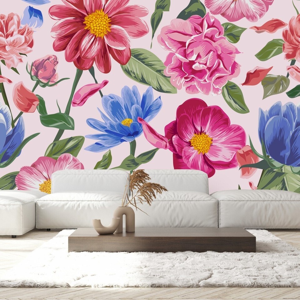Pink and Blue Flowers Wallpaper Peel and Stick and Prepasted eBay