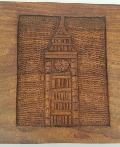 Big Ben Carved Wood Tea Caddy Hinged Box w/ Spoon Wood Strainer Trinket Jewelry - Picture 2 of 7