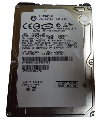 160GB SATA NOTEBOOK HDD HITACHI HTS543216L9SA00 SN: 5CC84RYA #NFP1009
