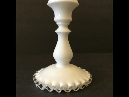 Fenton Candle Stick Holder White Milk Glass Silver Crest Ruffled Edge 6” Tall