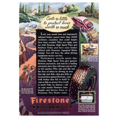 1936 Firestone: Costs So Little to Protect Lives Vintage Print Ad