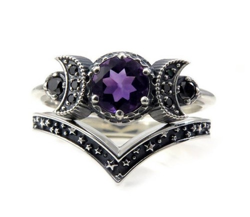 2Pc Purple Amethyst Crystal Triple Moon Star Goddess Witch Wicca V Ring Set Gift - Picture 6 of 6