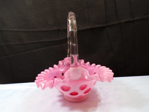 Fenton Cranberry Opalescent Glass Coin Dot Basket 7 1/4" Tall