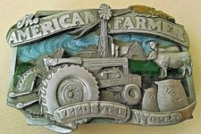 American Farmer Belt Buckle Siskiyou 1983 E-27 Feeds The World Tractor Cow Barn