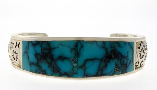 High Grade Natural Cloud Mountain Inlaid Turquoise Bracelet By Julius Burbank - Picture 1 of 5