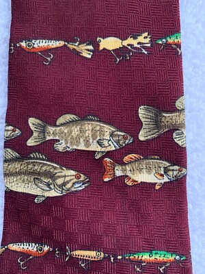 Vtg Rubin West Necktie Silk Fish Fishing Lures Burgundy 3.25  X 56  Made In USA