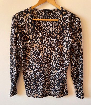 Women's Talbot's Leopard Animal Print Merino Wool Sweater Med Petite