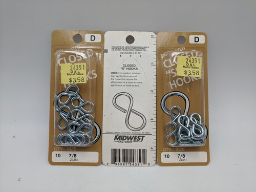 Closed S Hooks, 7/8 Zinc Plated Midwest Fastener 24351, Lot of 30, New Unopened - Picture 2 of 2