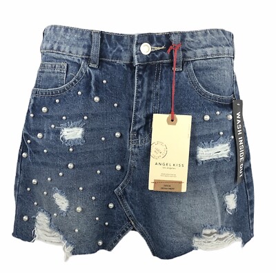 NWT Angel Kiss Denim Jean Mini Skirt Pearl Detail Raw Hem Distressed Small 