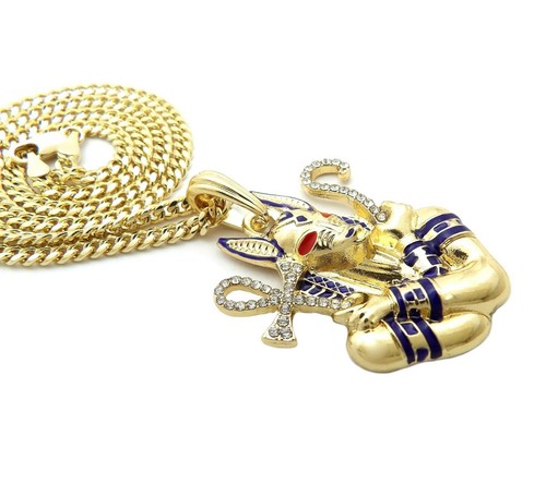 Iced Gold PT Egyptian Anubis Pendant & Box Cuban Rope Chain Hip Hop Necklace - Picture 5 of 43