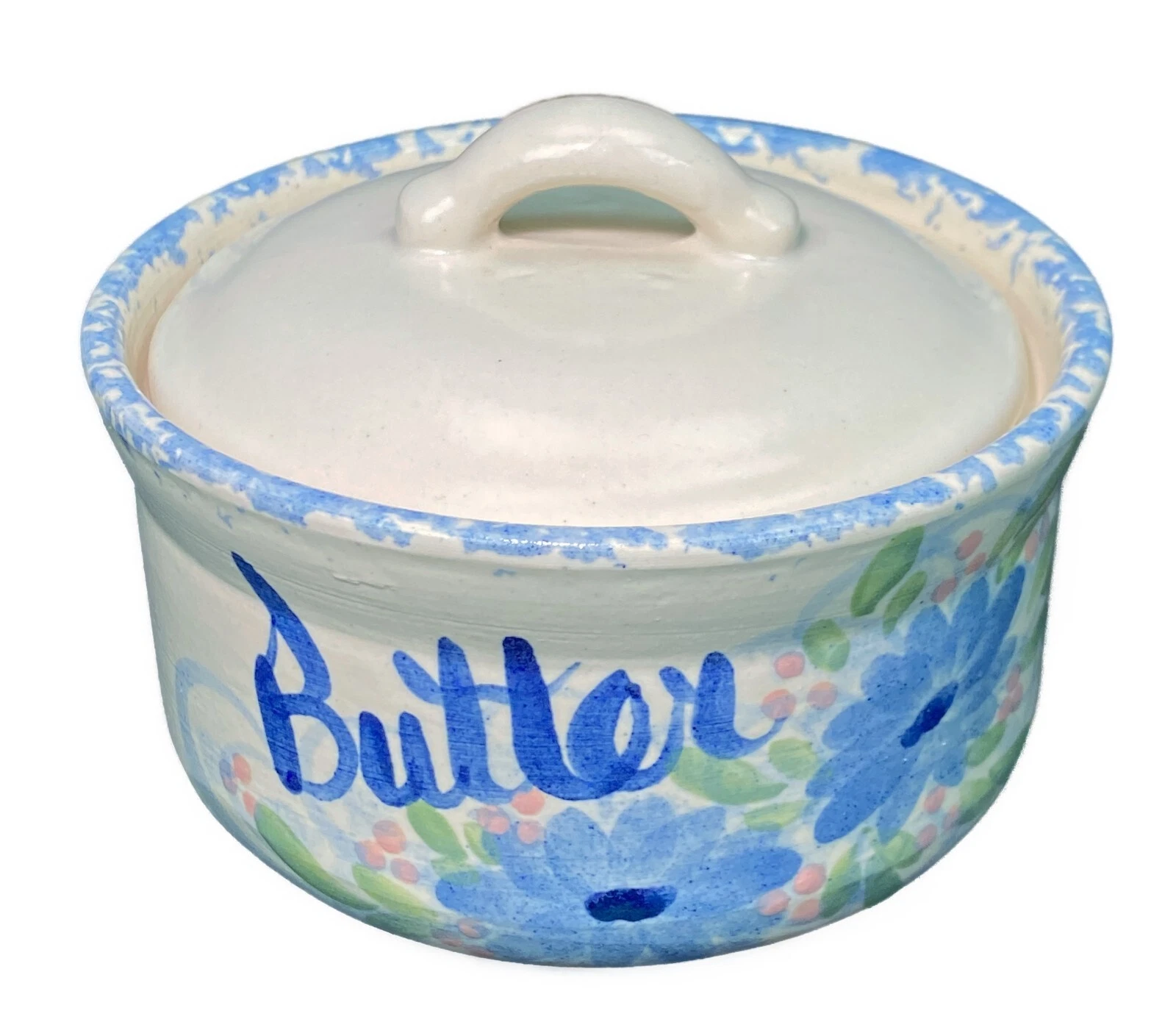 Covered Butter Bowl Ceramic Dish Country Crock Blue Flower