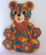 Patched Quilted Design Teddy Bear Foam Craft 1979 Wall Hanging Vtg Funky Color