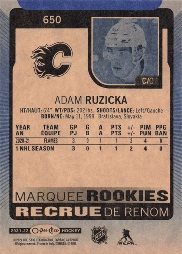 2021-22 O-Pee-Chee Marquee Rookies Adam Ruzicka Blue Border Update #650 - Picture 2 of 2