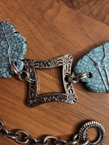 Wrapped Faux Turquoise Flat Rocks & Silver Square Accents Chain Belt 46" long - Picture 4 of 9