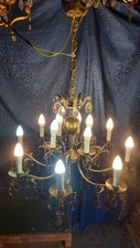 Lampadario vintage anni '50, 12 luci bronzo dorato gocce in vetro fume effetto s