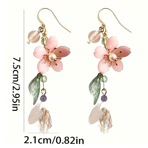 Pendientes colgantes de borla larga dulces románticos con hojas de flores rosas para mujer - Imagen 3 de 8