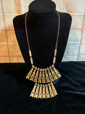 Vintage Gold Fan Necklace   Bamboo Texture Ornate Chinoiserie Statement Jewelry