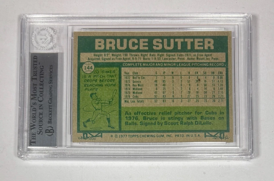 1977 Topps BRUCE SUTTER HOF BAS SIGNED AUTO RC ROOKIE Baseball Card #144 CUBS - Image 2 of 2