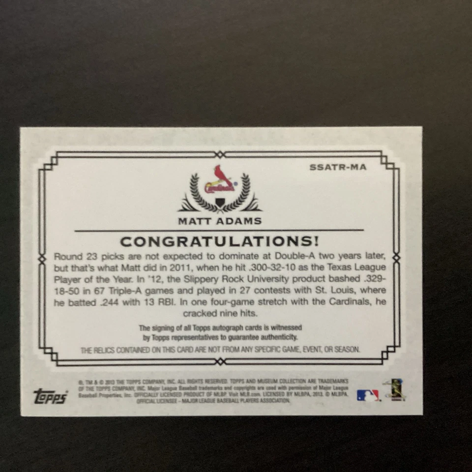 Colección de museos 2013 muestras de firma triple reliquias/299 Matt Adams automático Foto 4 de 4