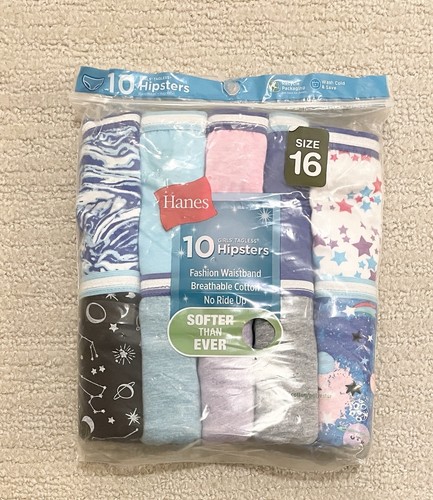 Hanes Girl's Size 16 Hipster Panties 10 Pack 100% Cotton Multi Color Tagless NEW - Picture 3 of 6