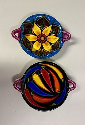 Set Of 2 Talavera Pottery MEXICO Hand Painted Dip Or  Salsa Bowls  With Handles