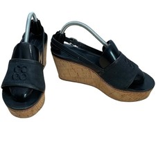 Coach Jaci Black Logo Embossed Canvas Leather Cork Wedge Platform Sandals Size 8